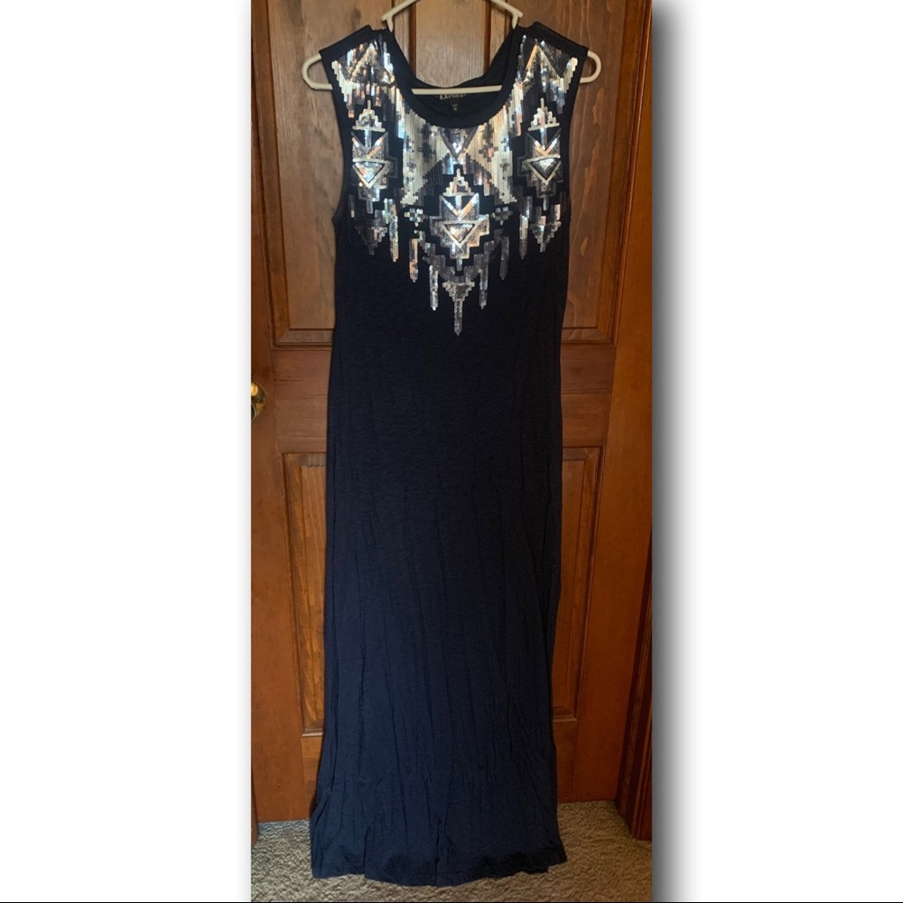 EXPRESS navy maxi dress with sequin neckline